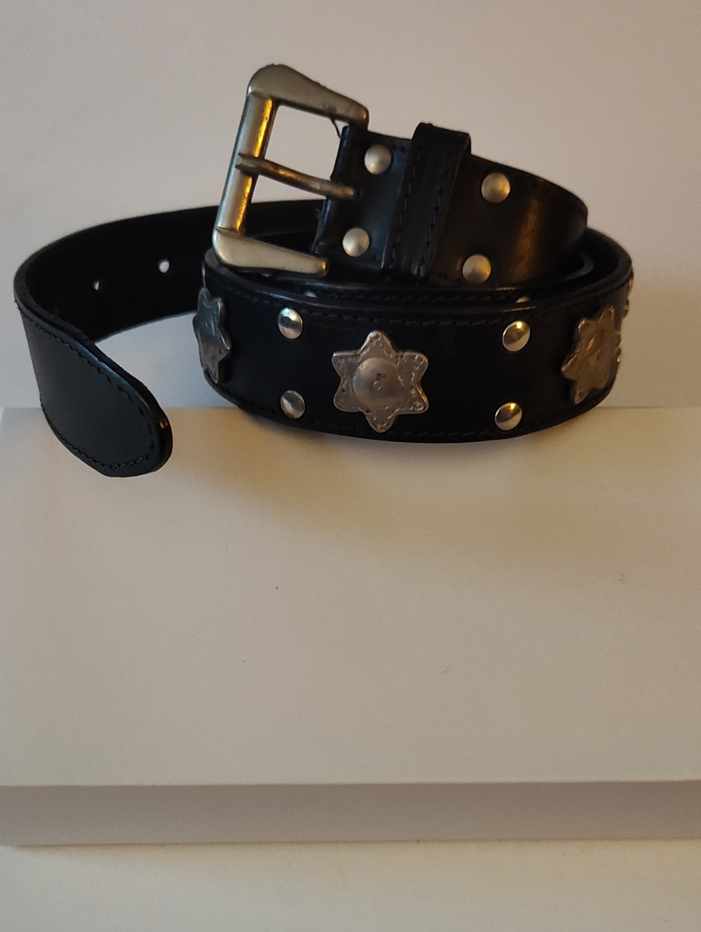 Black Studded Leather Belt with Silver Star Accents